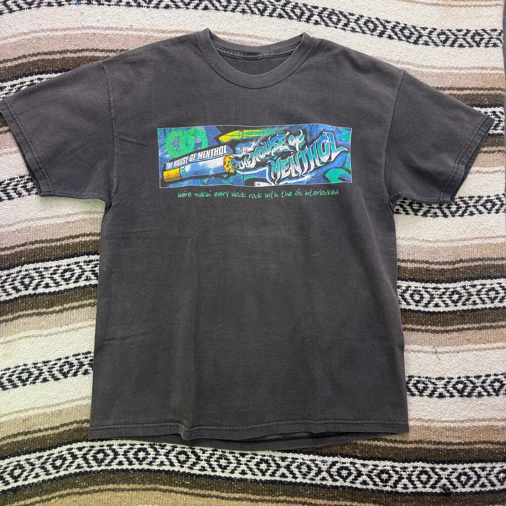Vintage 90's Kool Cigarettes The House of Menthol Faded Black Green Shirt Sz L
